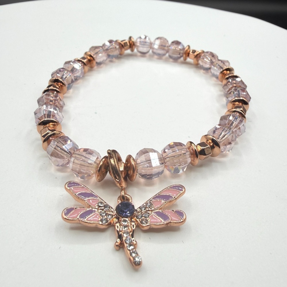 Rose Gold Tone Dragonfly Charm Beaded Stretch Bracelet Pink Crystal Boho Gift